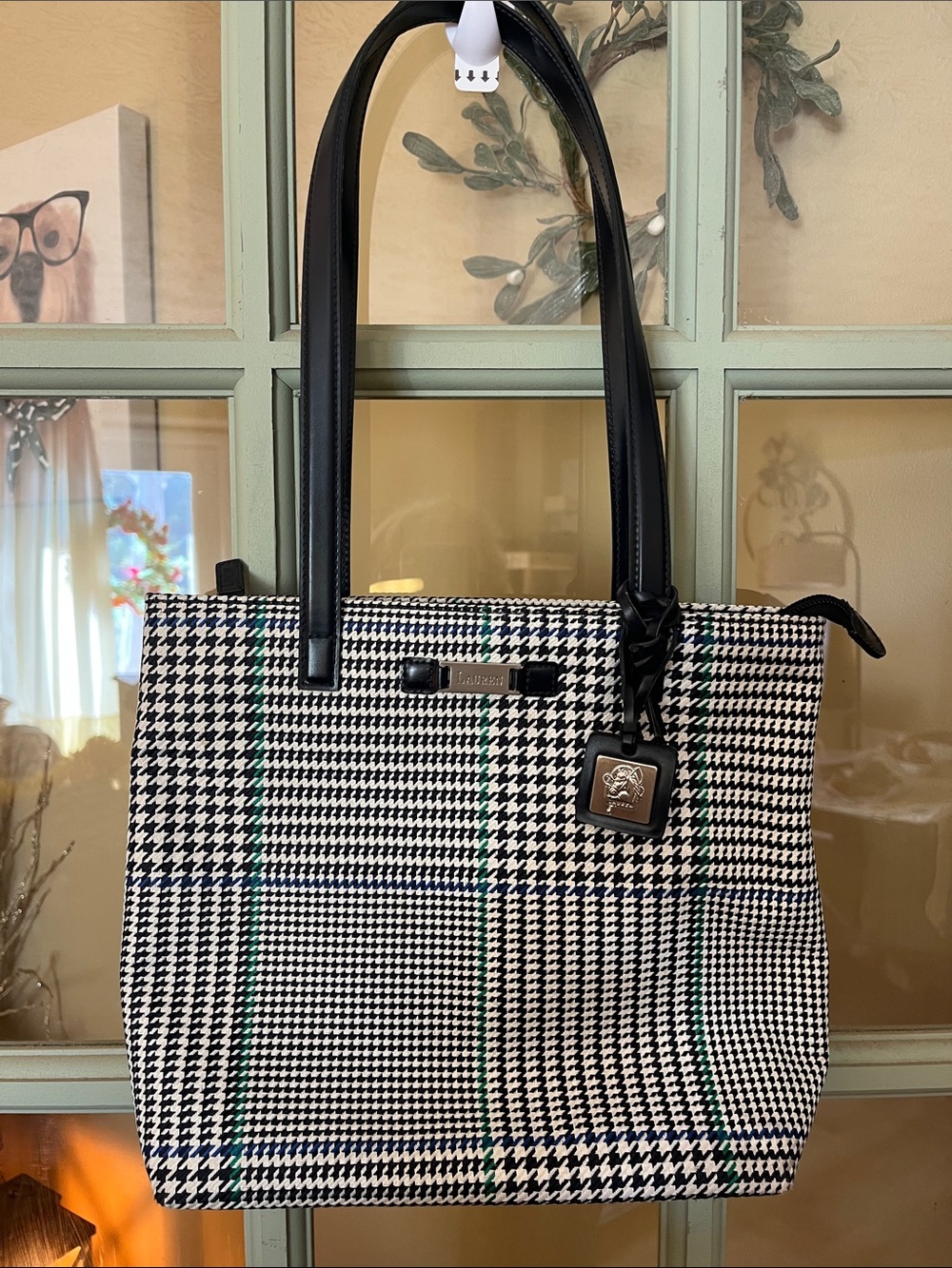 Lauren Ralph Lauren Navy Blue & White Houndstooth Tote with Green Accents